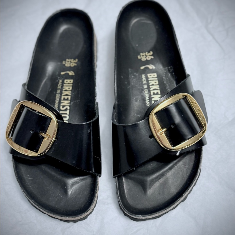 Birkenstock Madrid Big Buckle Black Slide Sandals with Gold Buckle EU36